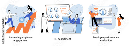HR department work scenes set, qualified employee responsible for formation of human resources in organization. Specialist engaged in selection, adaptation, dismissal, development of personnel