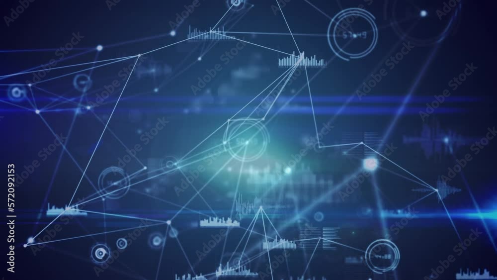 Animation of network of connections with data processing on black background