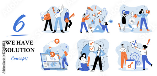 Reaching solution as result of work of business team. Startup employees. Goal thinking. Cooperation construction by agency create team. Creative successful management metaphor, decision and teamwork