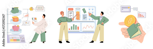 Budget plan concept. Evaluates income and expenses, analyzes investments and savings. Financial literacy and economics, accounting. Planning and distribution of money. Income and expenses report