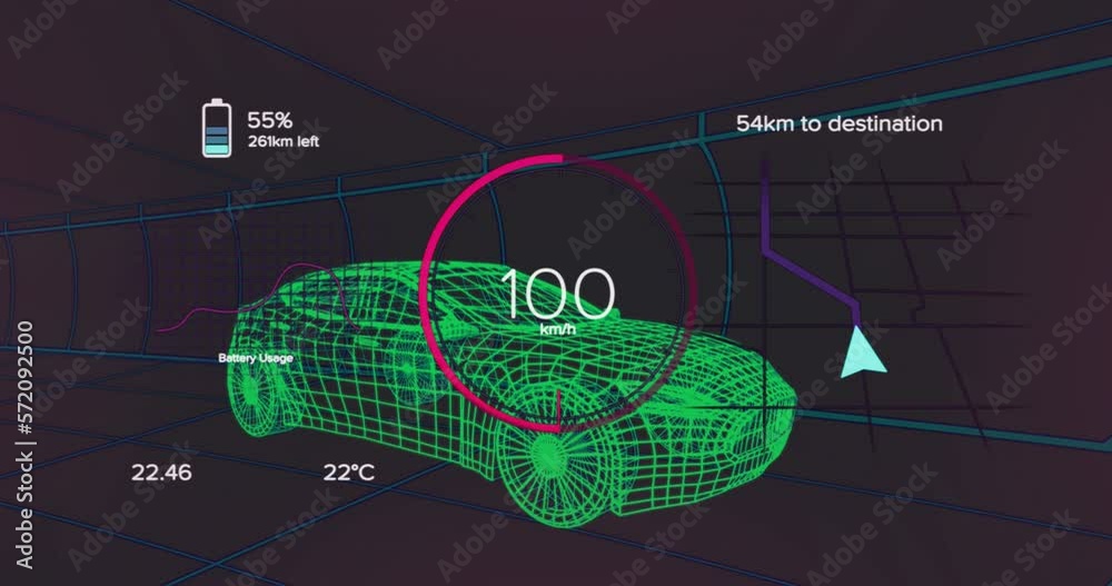 Animation of car interface over digital car on black background Animation of car interface over digital car on black background