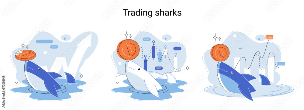 Shark emerges from water and holds gold coins on its nose. Trading hamsters and whale metaphor set. Fake data for business valuation. Inexperienced investor, bad investment, experienced traders Shark emerges from water and holds gold coins on its nose. Trading hamsters and whale metaphor set. Fake data for business valuation. Inexperienced investor, bad investment, experienced traders