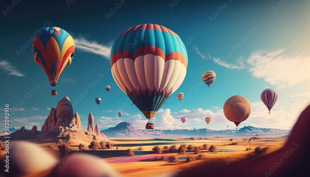 Fototapeta premium Landscape sunrise with set colorful hot air balloon fly in sky with sunlight. Generative AI