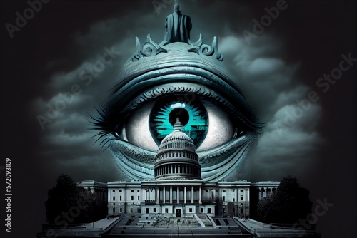 Government capitol building with evil looking face in the design representing big brother with government overreach. Created with. Generative AI photo