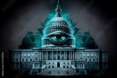 Government capitol building with evil looking face in the design representing big brother with government overreach. Generative AI photo