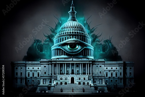 Government capitol building with evil looking face in the design representing big brother with government overreach. Generative AI