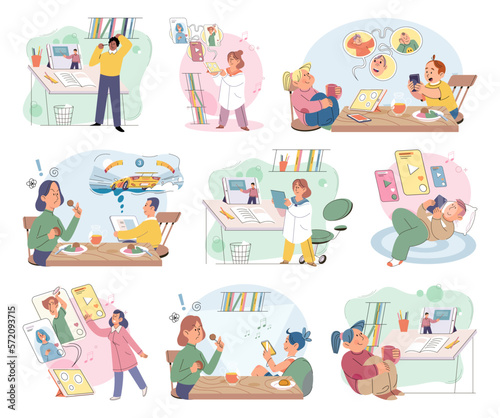 Happy little kid using tablet, child watching smartphone while eating at kitchen at home. Irritated mom is nervous that kid is distracted during feeding and spends too much time with gadgets