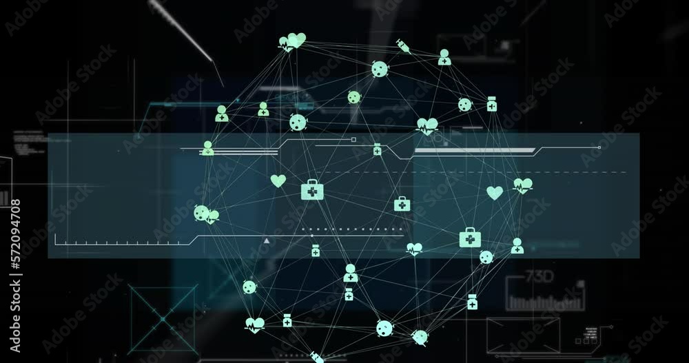 Animation of globe of connections with icons and data processing on black background Animation of globe of connections with icons and data processing on black background