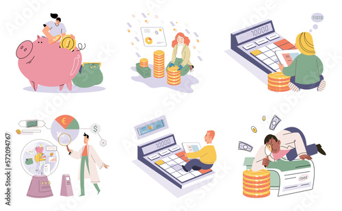 Set of people analyzing personal or corporate budget. Concept of finance accounting and calculation of financial income and expenses report. Financial consultant with document for tax computation