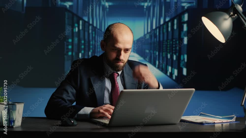Frustrated database admin making mistake in data center, working under pressure with mainframe computer processor. IT technician checking server system quality maintenance, ai concept.