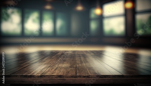 Blurred gym, fitness center. Wooden table. Generative AI.
