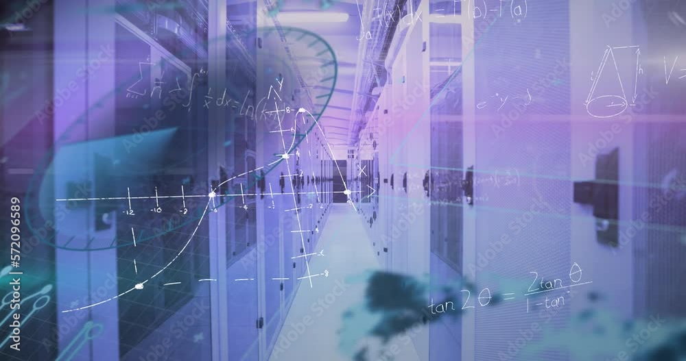 Animation of round scanner, pink light trail and mathematical equations against computer server room Animation of round scanner, pink light trail and mathematical equations against computer server room