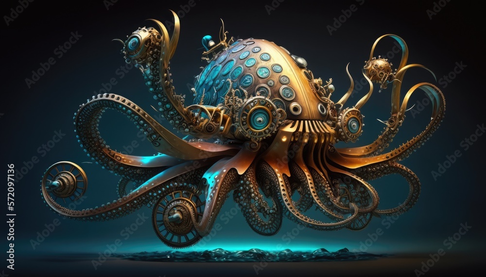 Steampunk mechanical object, blend between octopus and motorbike, part creature, part bike, moving underwater, AI generative. - obrazy, fototapety, plakaty 