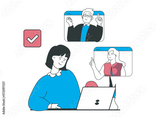 Freelance concept with character situation. Woman works on laptop with team remotely and communicates with colleagues in video conference. Vector illustration with people scene in flat design for web