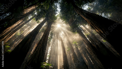 Sunlight through redwood forest california photo