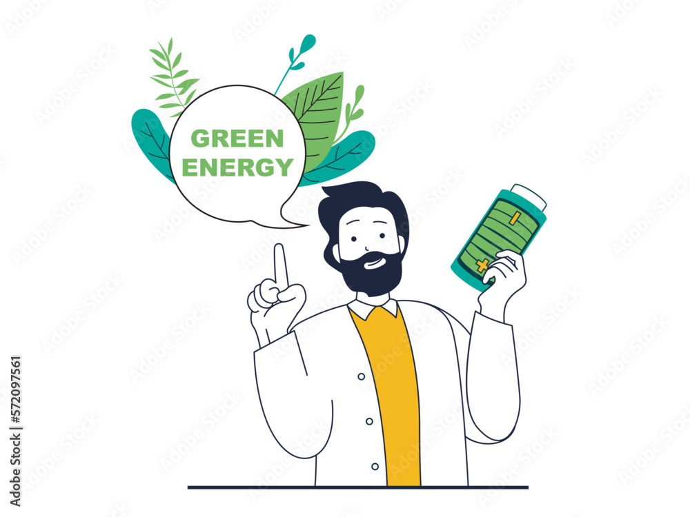 Green energy concept with character situation. Man holding battery with eco friendly technology, renewable source and nature conservation. Vector illustration with people scene in flat design for web Green energy concept with character situation. Man holding battery with eco friendly technology, renewable source and nature conservation. Vector illustration with people scene in flat design for web