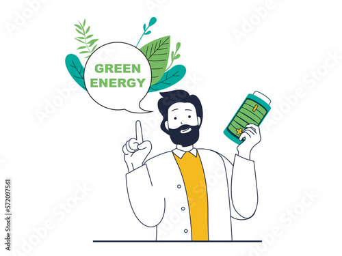 Green energy concept with character situation. Man holding battery with eco friendly technology, renewable source and nature conservation. Vector illustration with people scene in flat design for web