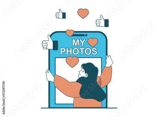 Internet addiction concept with character situation. Woman addicted to attention on Internet, suffers from collecting likes and comments. Vector illustration with people scene in flat design for web
