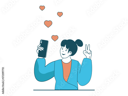 Internet addiction concept with character situation. Woman addicted to attention on Internet, often takes selfies and posts on online page. Vector illustration with people scene in flat design for web