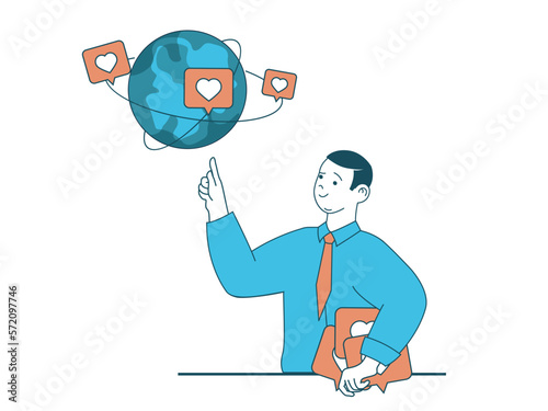 Internet addiction concept with character situation. Man is addicted on audience feedback on Internet and collects likes and hearts. Vector illustration with people scene in flat design for web