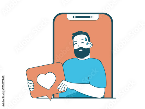 Internet addiction concept with character situation. Man suffers from Internet addiction and needs to get lot likes at social media. Vector illustration with people scene in flat design for web