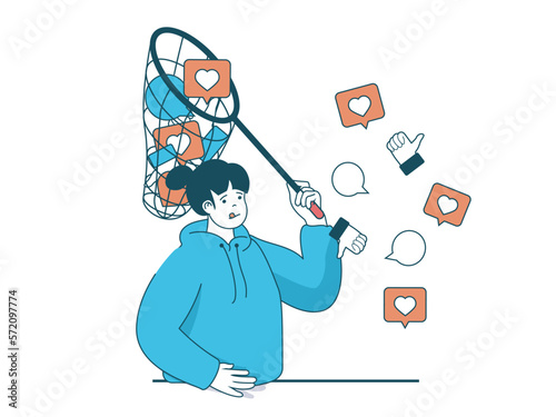 Internet addiction concept with character situation. Woman suffers from Internet addiction and catching lot of likes at social media. Vector illustration with people scene in flat design for web