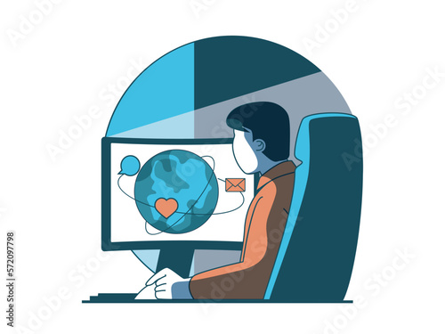Internet addiction concept with character situation. Man has unhealthy habit of spending lot of time on social networks, depends on likes. Vector illustration with people scene in flat design for web