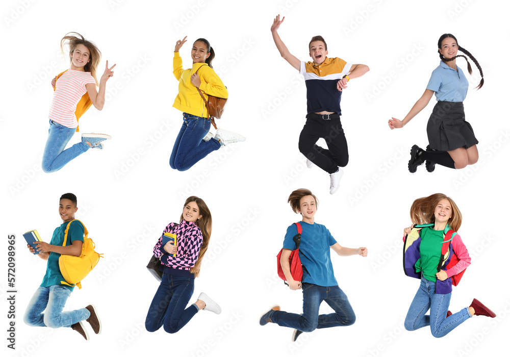 Collage with photos of jumping teenagers on white background Collage with photos of jumping teenagers on white background