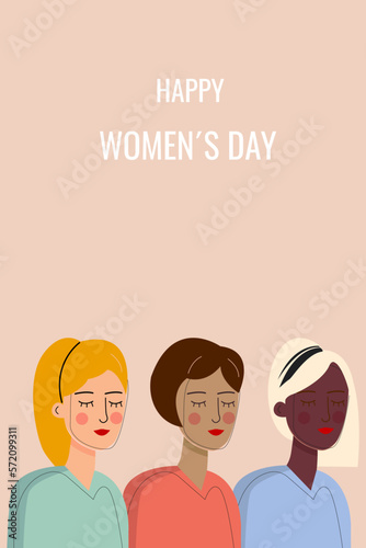vector, illustration, three girls of different race, together for the international women's day, vertical, card presentation, vintage background