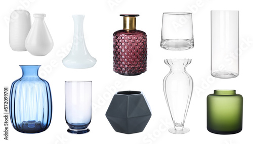 Collage with different stylish vases on white background