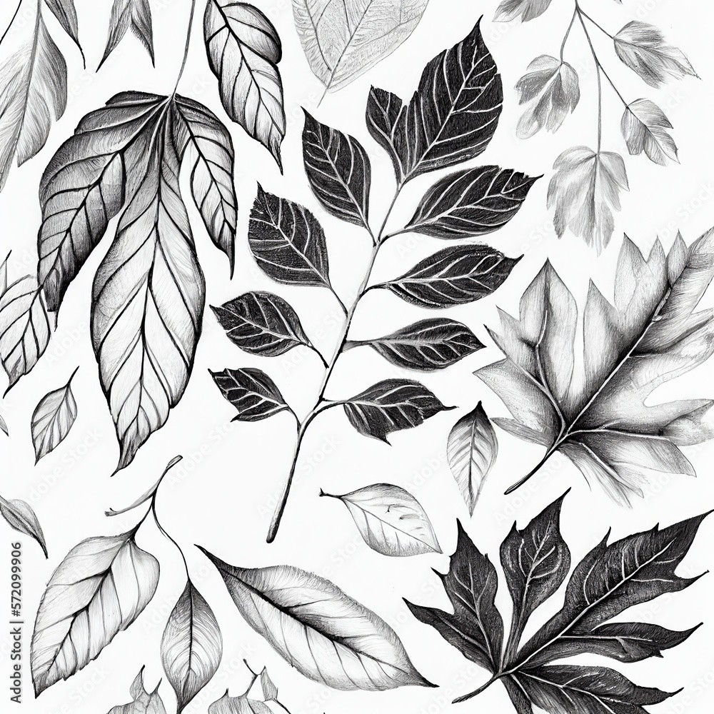 Forest tree leaves pencil sketch pattern on white background. Artistic drawn botanical plants painting. AI generated creative decorative floral vertical poster.