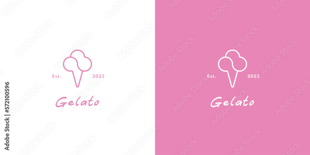 Illustration of a minimalist gelato logo Creative idea icon vector symbol  flat, simple, monoline silhouettes of milk, ice cream, and cold, pink drinks; clean, elegant fast food. Scoop, cone, sundae