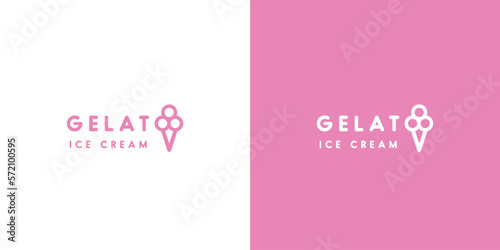 Illustration of a minimalist gelato logo icon vector symbol flat simple silhouette lettering alphabet font milk ice cream drink creative ideafast food that is cold, pink, and elegant Scoop cone sundae