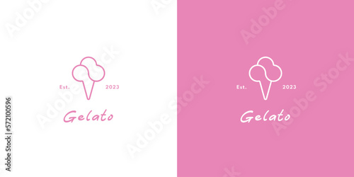 Illustration of a minimalist gelato logo Creative idea icon vector symbol flat, simple, monoline silhouettes of milk, ice cream, and cold, pink drinks; clean, elegant fast food. Scoop, cone, sundae