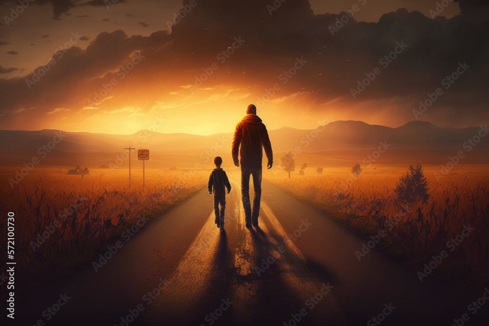 father and son on an endless road with the sunset.