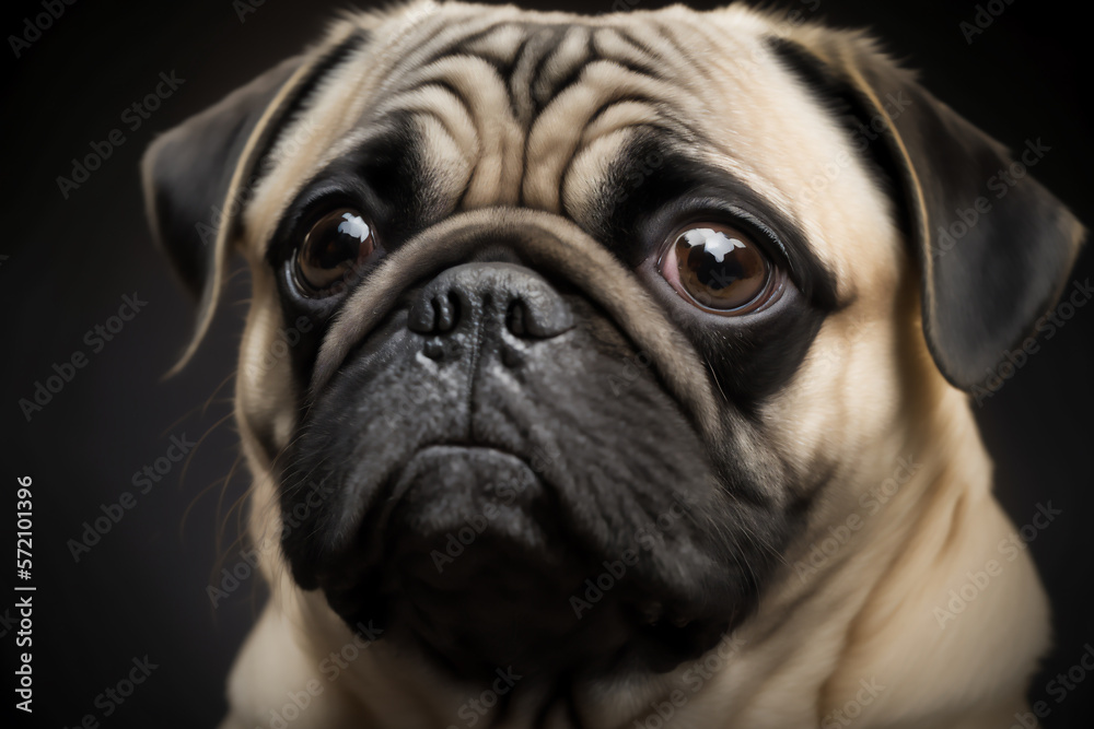 Pug dog portrait. Close-up portrait of Pug. Lovely portrait of pug. Generated by AI