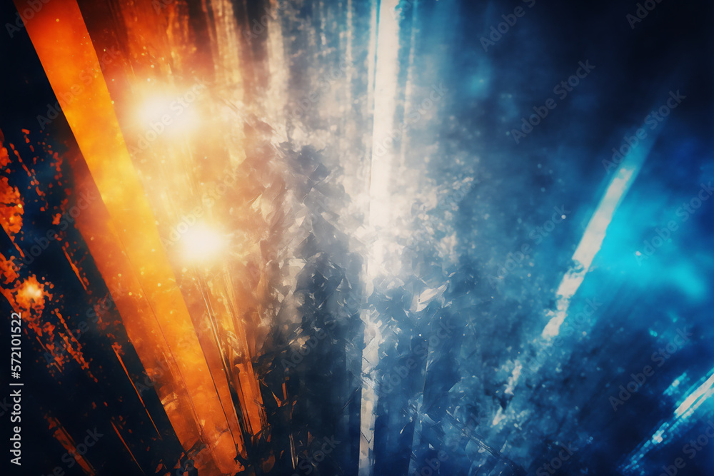 Abstract blue and orange color background with rays of light and grunge texture. Generated by AI.