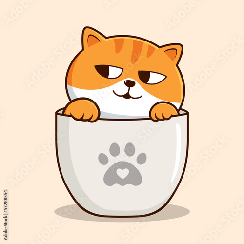 Tabby Cat in Mug Illustration - Orange Striped Pussy Cat Hide Waving Paws in Cup Mug