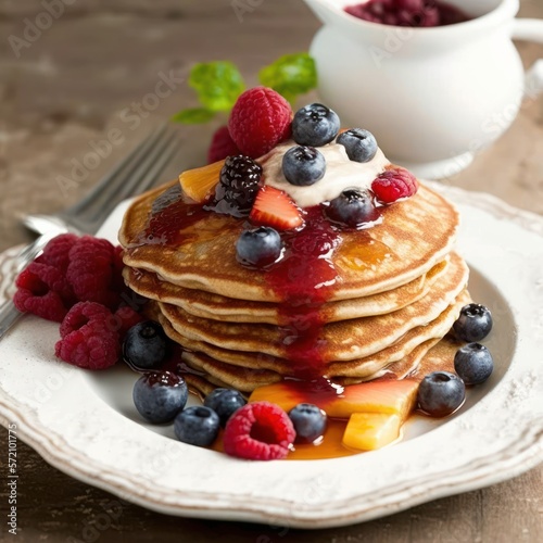 Close-up delicious pancakes, with fresh blueberries, strawberries and maple syrup on a light background. With copy space. Sweet maple syrup flows from a stack of pancake, GENERATIVE AI