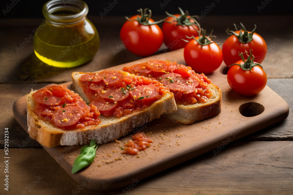 Catalan-style Toast with Tomato, Garlic and Olive Oil: Savory Mediterranean Bruschetta - AI Generative Catalan-style Toast with Tomato, Garlic and Olive Oil: Savory Mediterranean Bruschetta - AI Generative