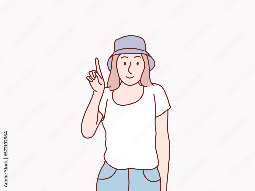 Eureka smart girl got an idea raising finger pointing on top simple korean style illustration Eureka smart girl got an idea raising finger pointing on top simple korean style illustration