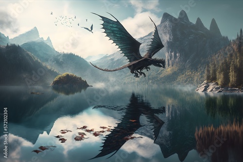 dragon flying over lake created using AI Generative Technology © Pradeep