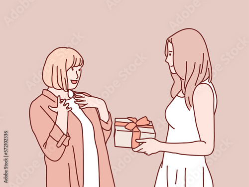 Young smiling daughter mother together gifting birthday present simple korean style illustration