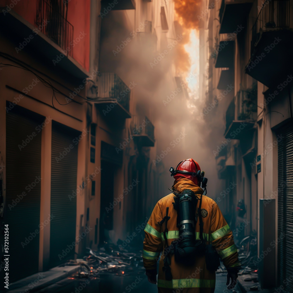 rear view of a firefighter on a street in a fire, generative ai. rear view of a firefighter on a street in a fire, generative ai.