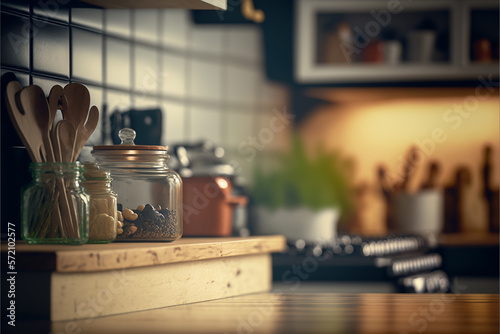 kitchen background at home  with full detail of utensils  generative ai.
