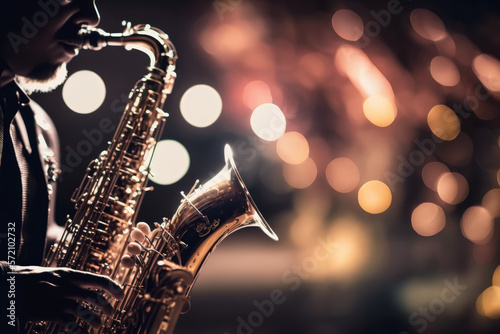 close-up of a saxophonist playing jazz music on a saxophone, with a bokeh effect, generative ai