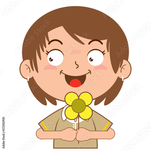 girl holding flower doubt face cartoon cute