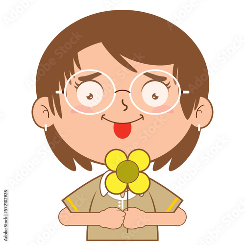 girl holding flower doubt face cartoon cute