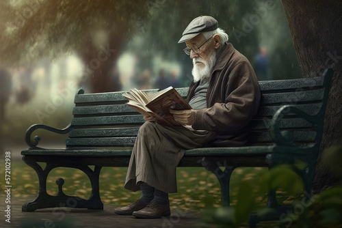 Fotomurale elderly man sitting on a bench in a park with a book in his hand, generative ai