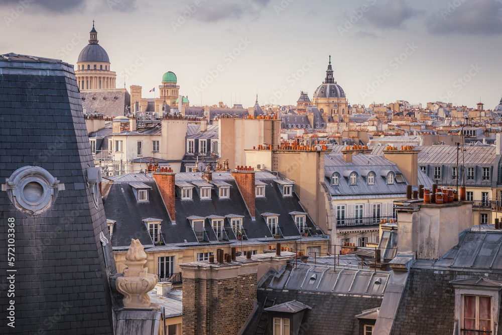 Saint-Germain-des-Pres and french roofs from above at sunrise, Paris, France